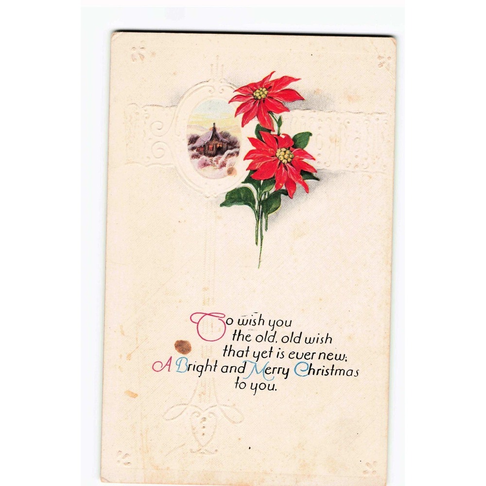 Vintage Christmas Postcard Poinsettia Winter Cabin Scene Made in USA C99